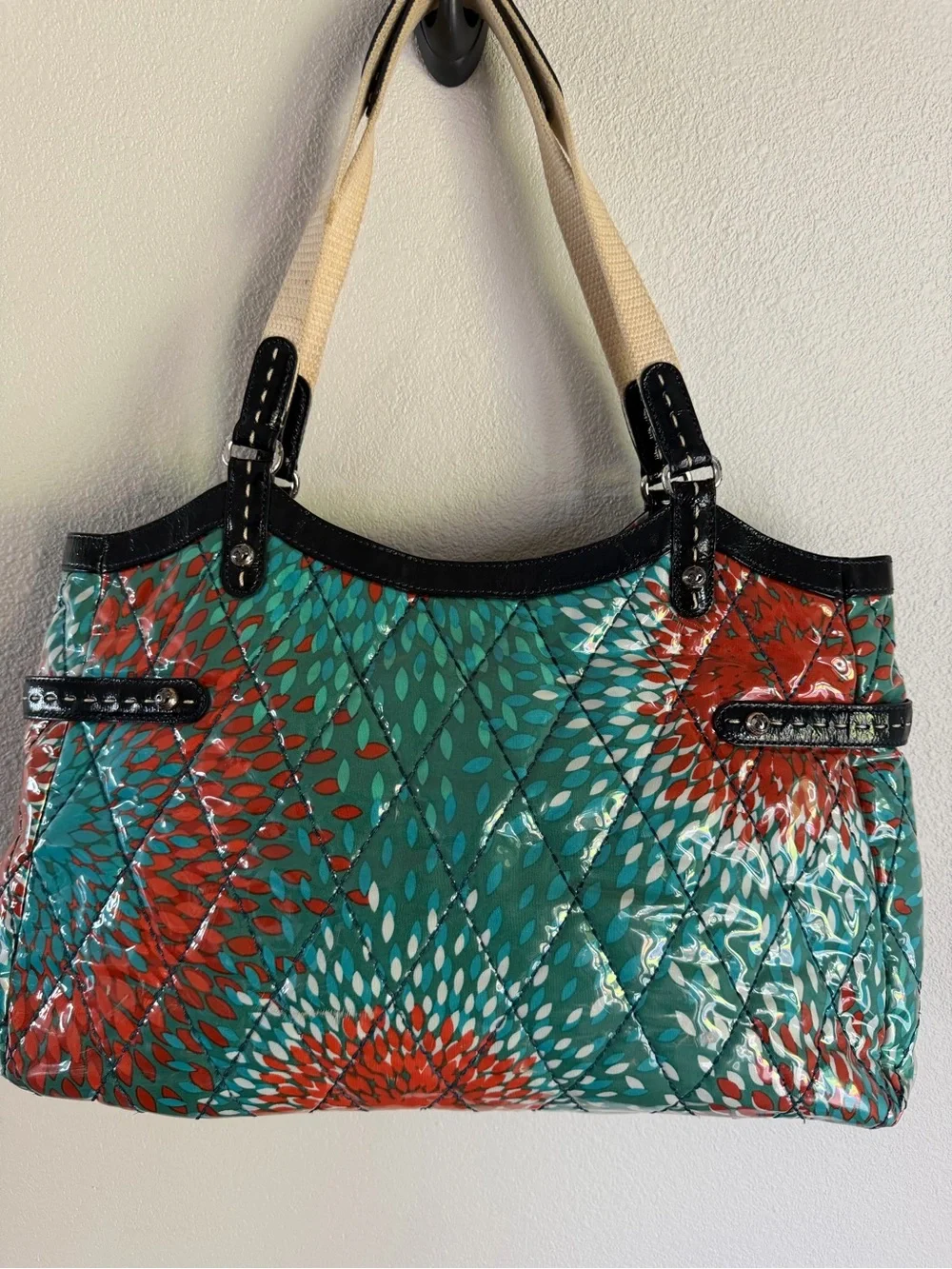 Brighton Purse Laminated Quilted Heart To Heart Large Tote Blue Red